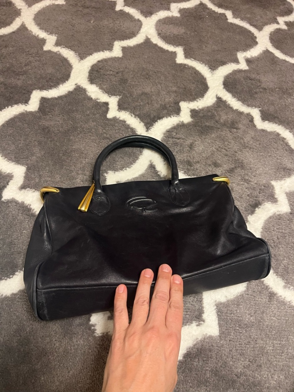 Oscar de la Renta Black/ blue Leather Top-Handle Satchel with Gold Accents